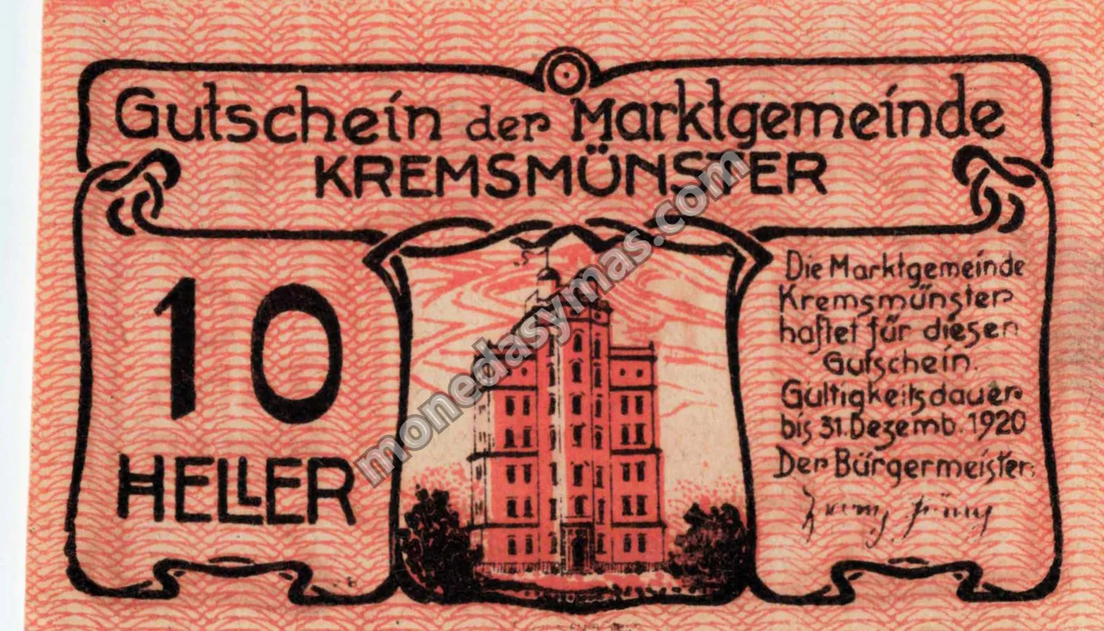 Austria Notgeld 10 Heller 1920 - Kremsmünster (Naranja / Jabalí)