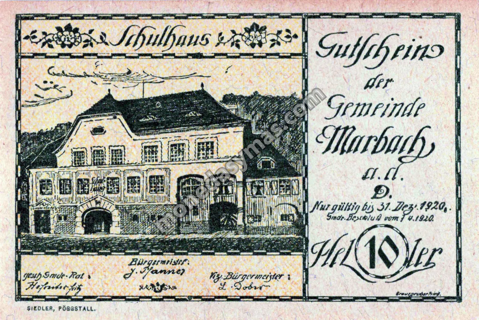 Austria Notgeld 10 Heller 1920 - Marbach an der Donau (Schulhaus)