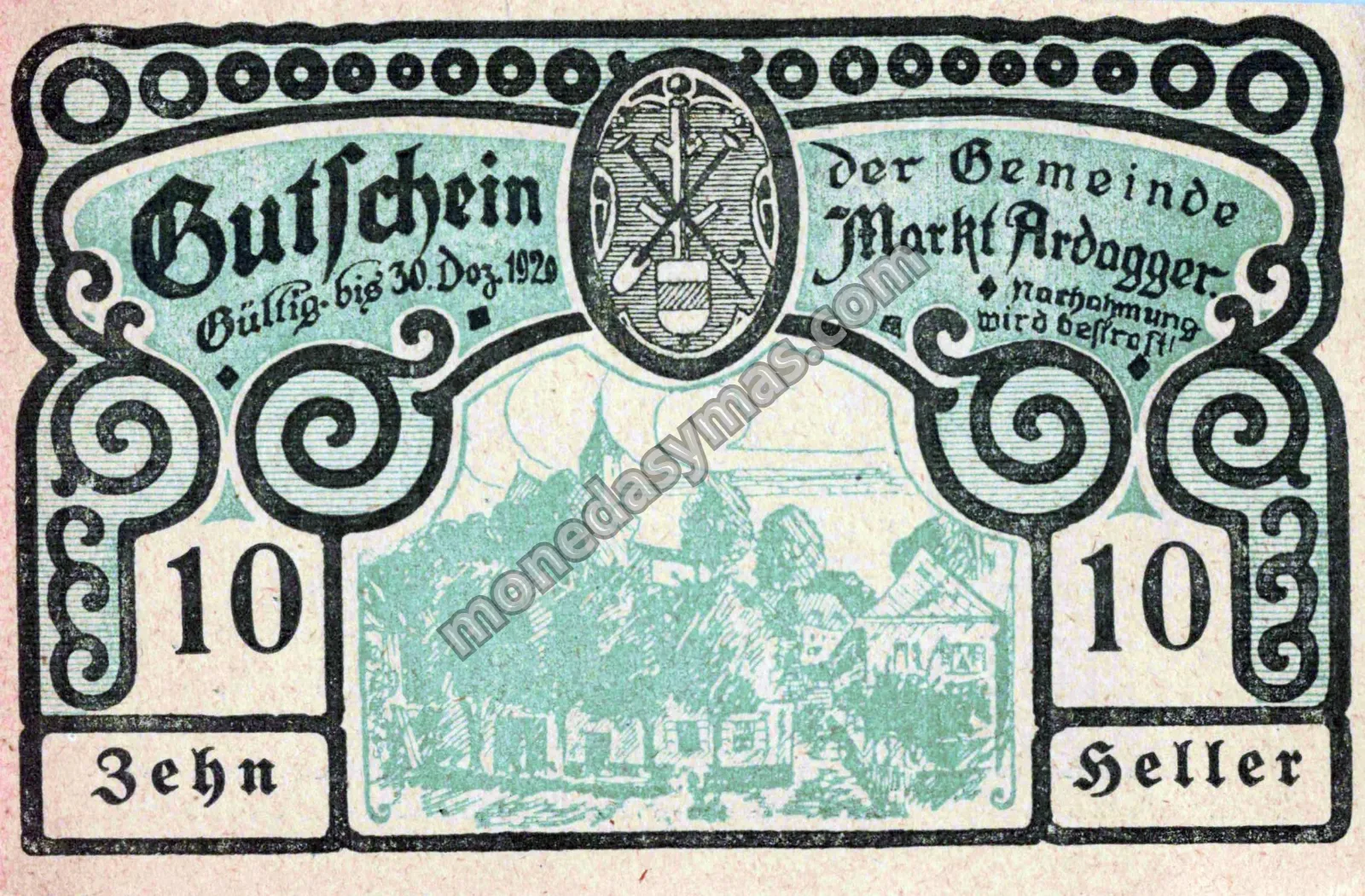 Austria Notgeld 10 Heller 1920 - Markt Ardagger (Verde)