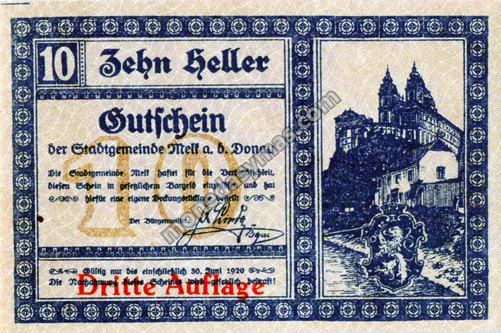 Austria Notgeld 10 Heller 1920 - Melk a. d. Donau (Dritte Auflage)