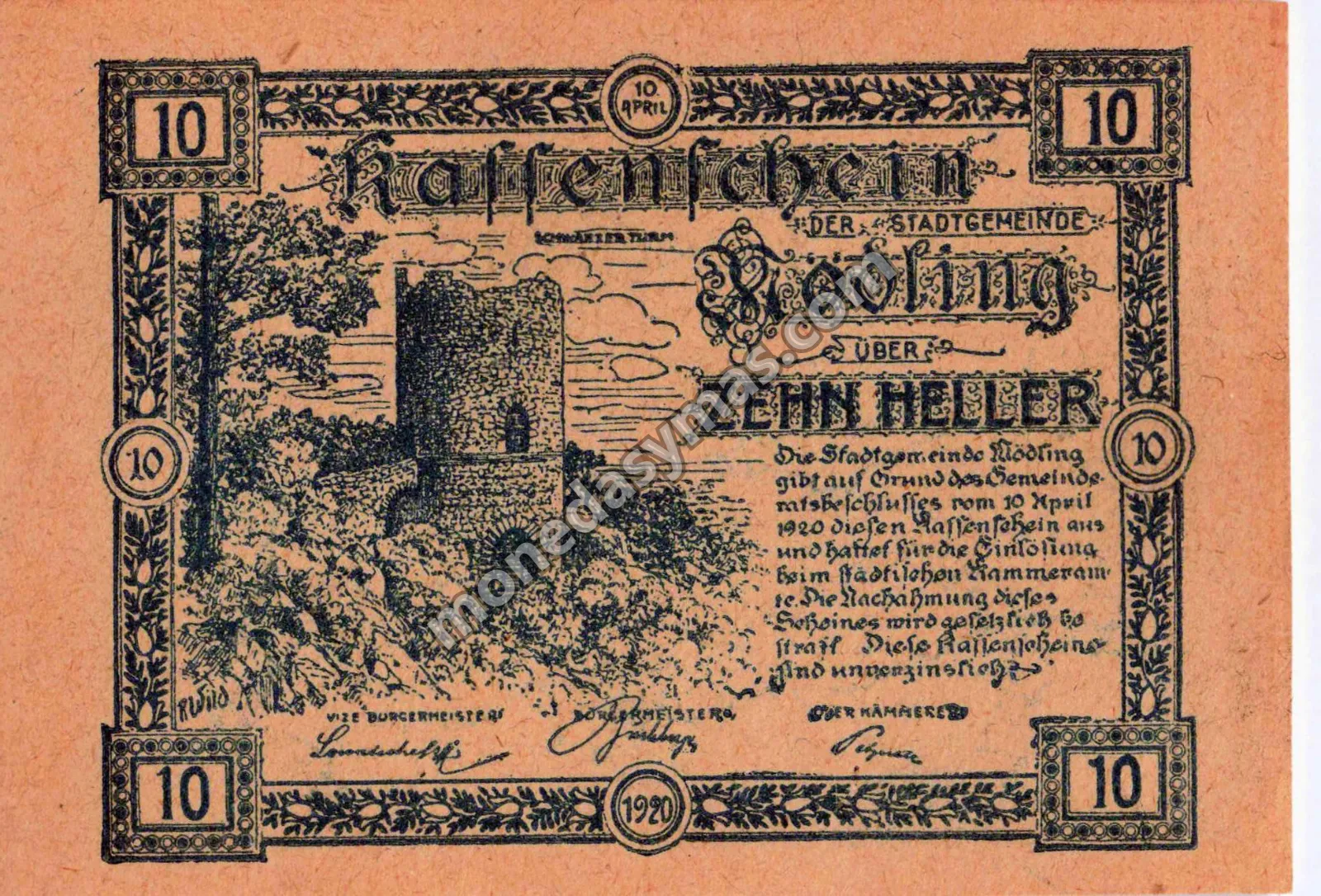 Austria Notgeld 10 Heller 1920 - Mödling (Papel Salmón / Torre Schwarzer Turm)