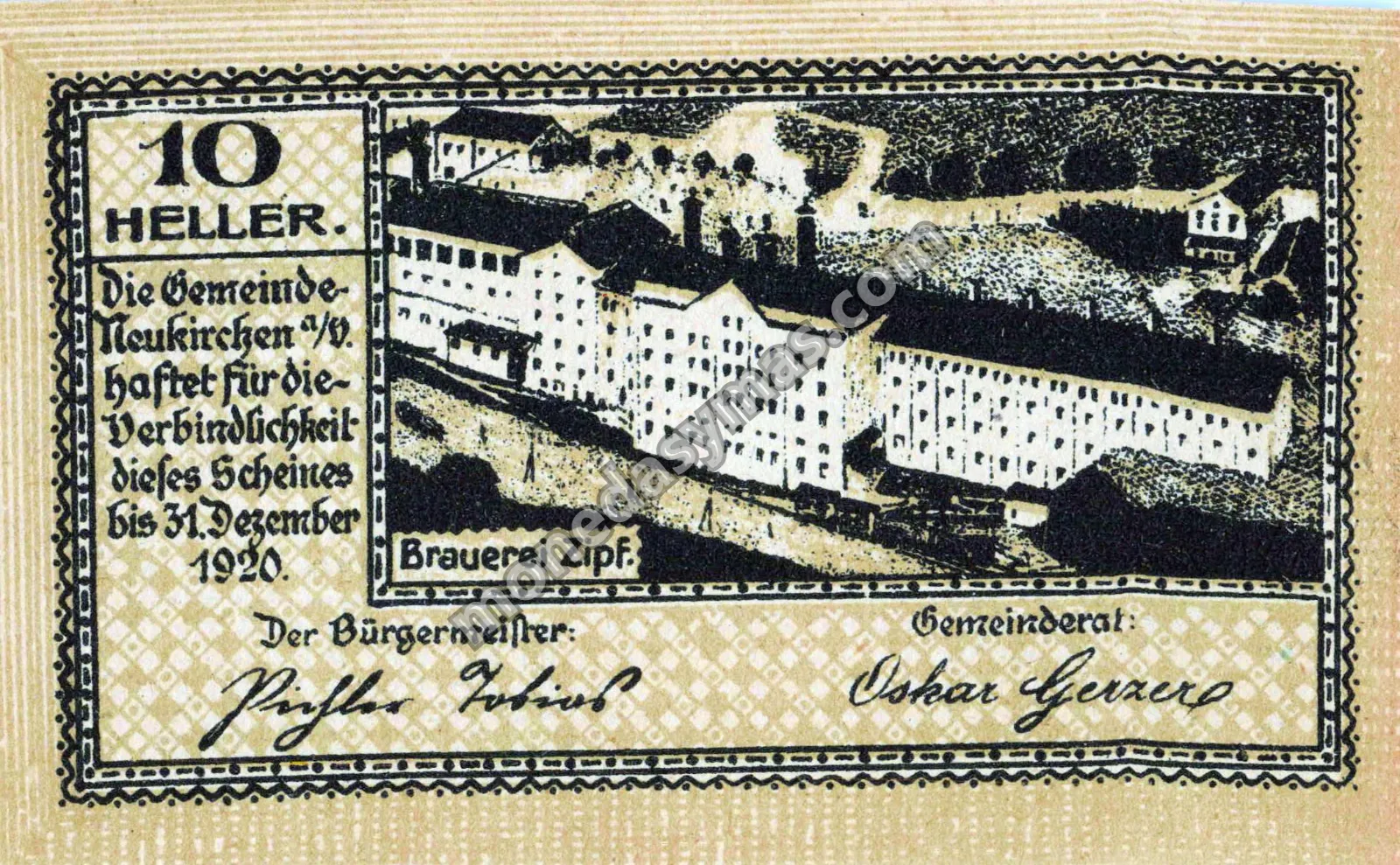 Austria Notgeld 10 Heller 1920 - Neukirchen a. d. Vöckla / Brauerei Zipf