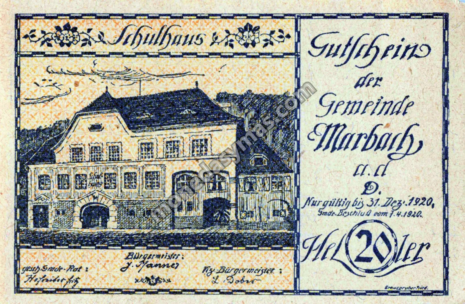 Austria Notgeld 20 Heller 1920 - Marbach an der Donau (Schulhaus)