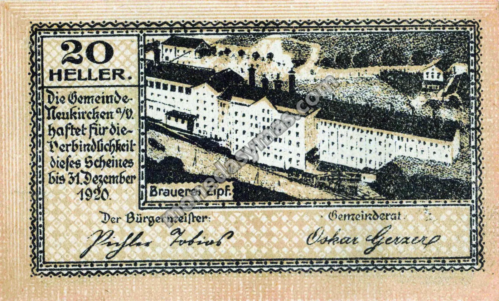 Austria Notgeld 20 Heller 1920 - Neukirchen a. d. Vöckla / Brauerei Zipf
