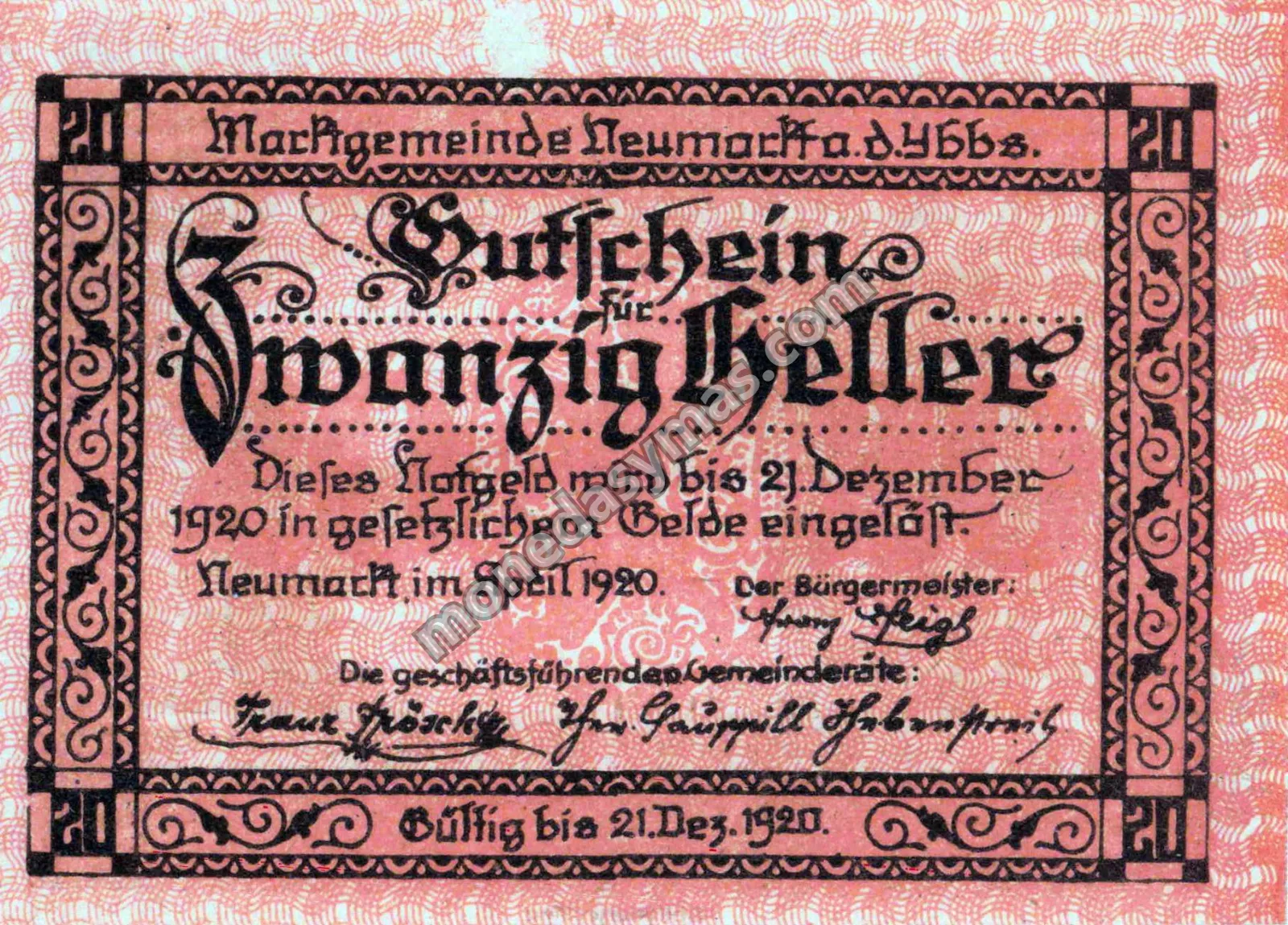 Austria Notgeld 20 Heller 1920 - Neumarkt an der Ybbs (Rosado)