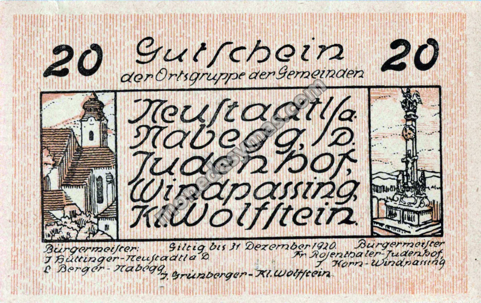 Austria Notgeld 20 Heller 1920 - Neustadtl a. d. D. (Papel Sepia / Naranja)
