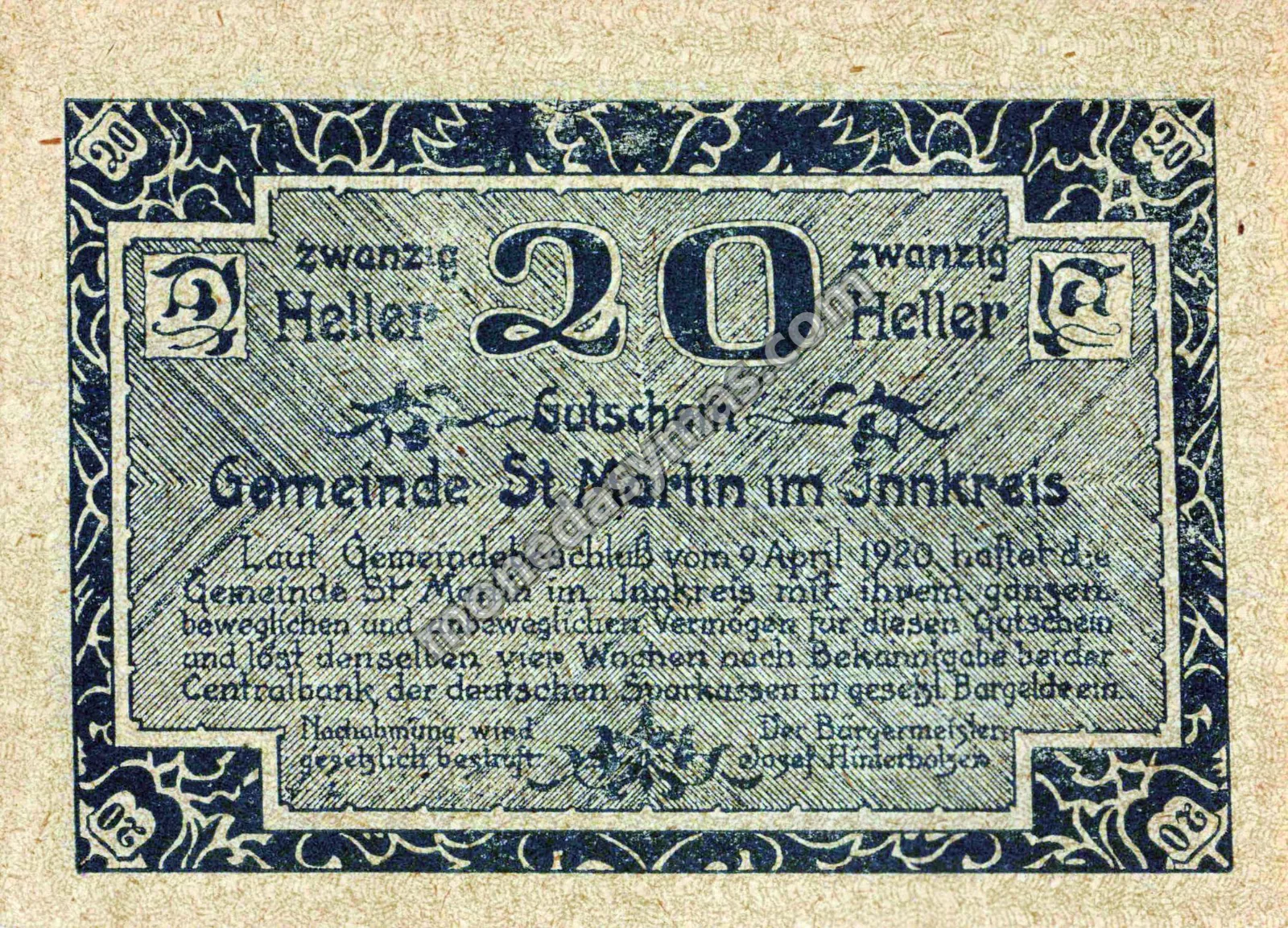 Austria Notgeld 20 Heller 1920 - St. Martin im Innkreis