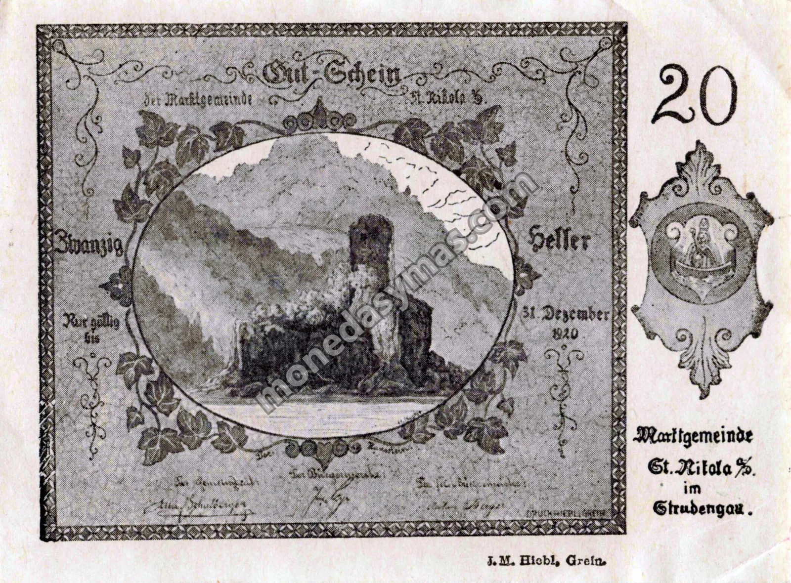 Austria Notgeld 20 Heller 1920 - St. Nikola im Strudengau