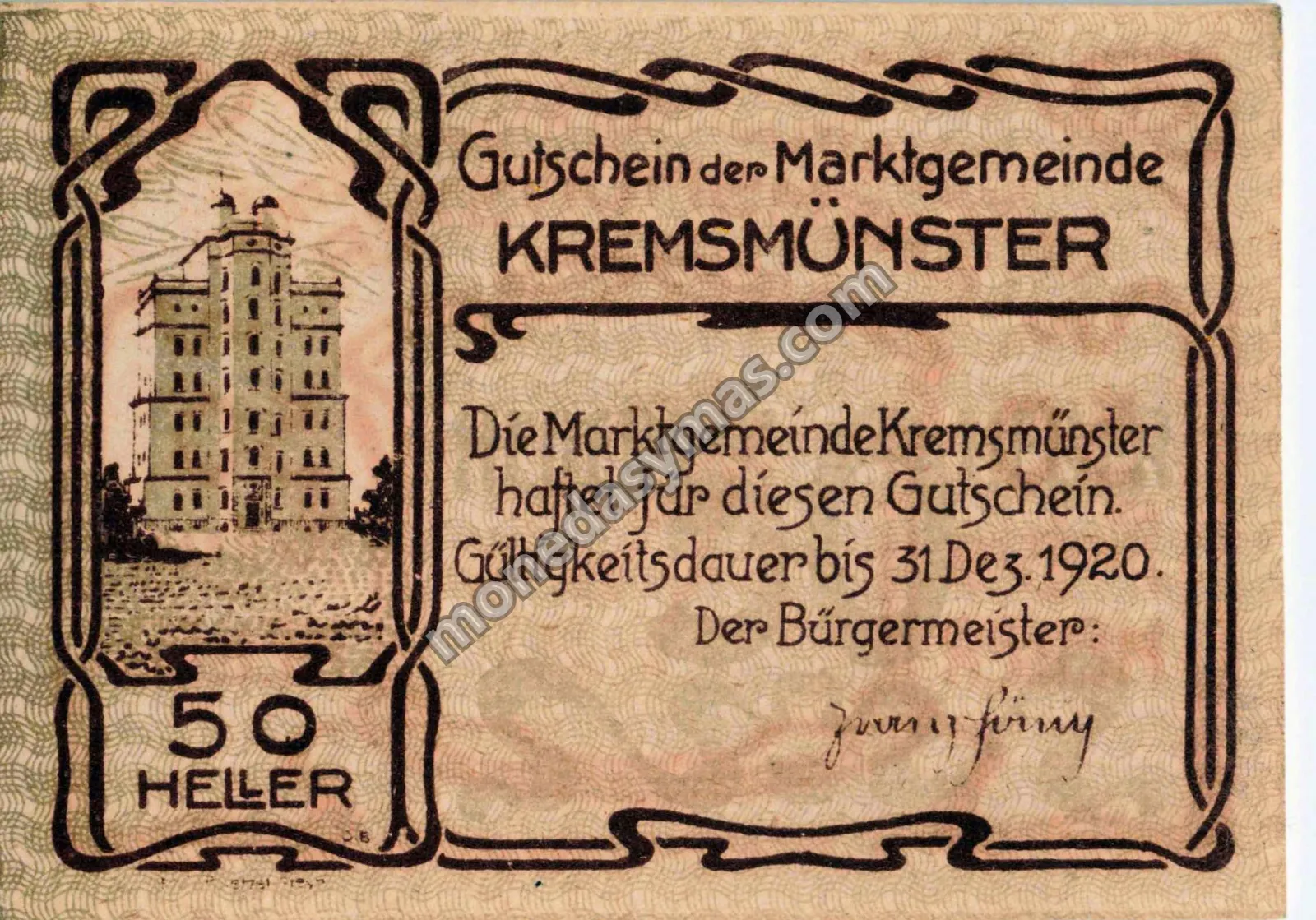 Austria Notgeld 50 Heller 1920 - Kremsmünster (Jabalí)