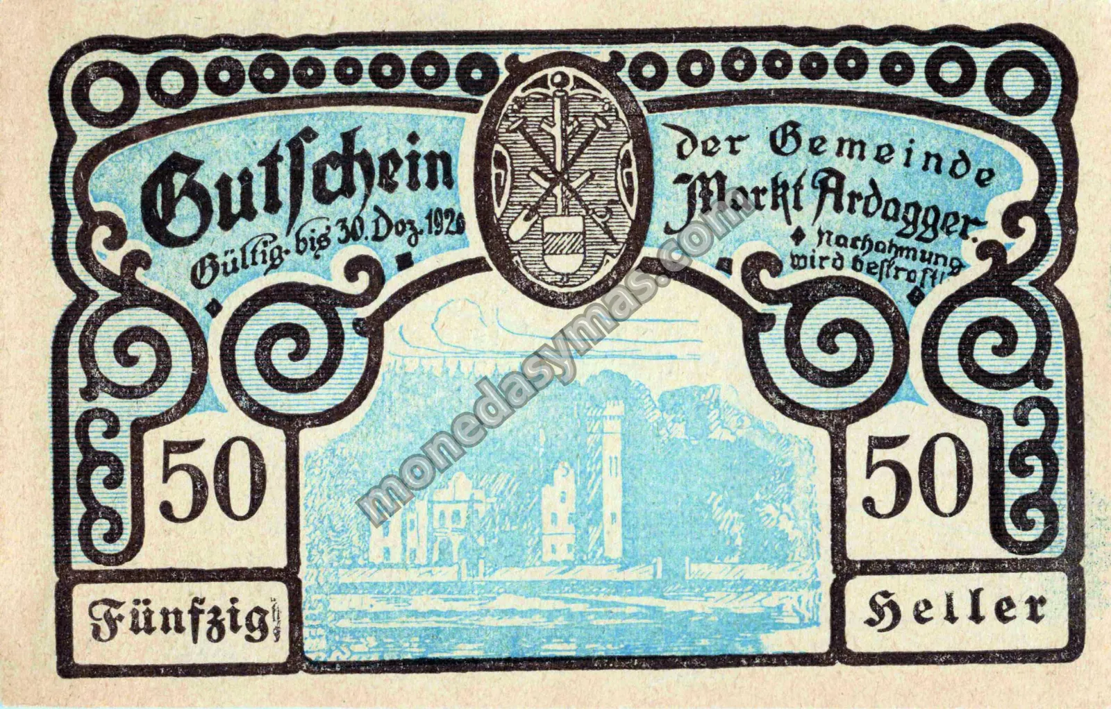 Austria Notgeld 50 Heller 1920 - Markt Ardagger (Azul)