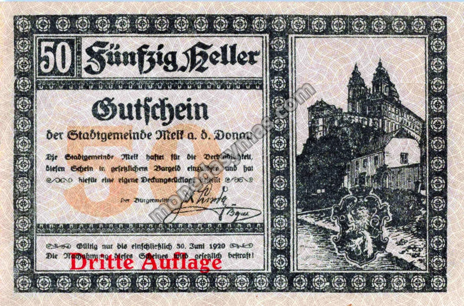 Austria Notgeld 50 Heller 1920 - Melk a. d. Donau (Variante Dritte Auflage)