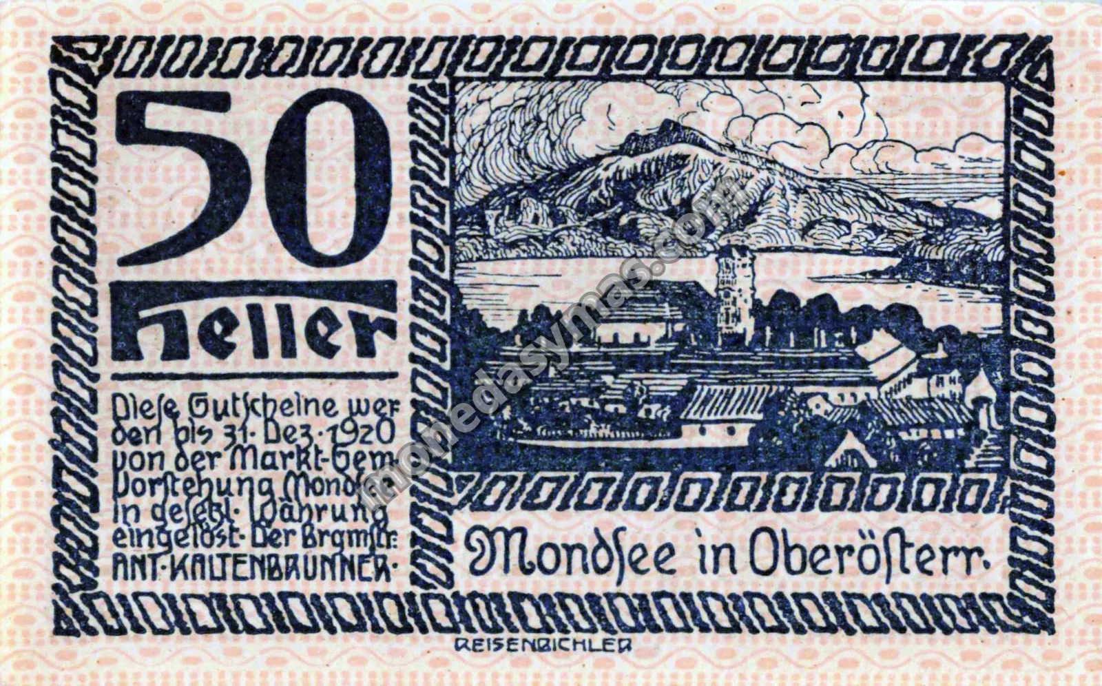 Austria Notgeld 50 Heller 1920 - Mondsee (Fondo Naranja / Pescadores)