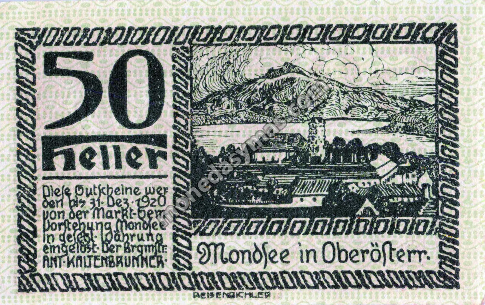 Austria Notgeld 50 Heller 1920 - Mondsee (Fondo Verde / Pescadores)