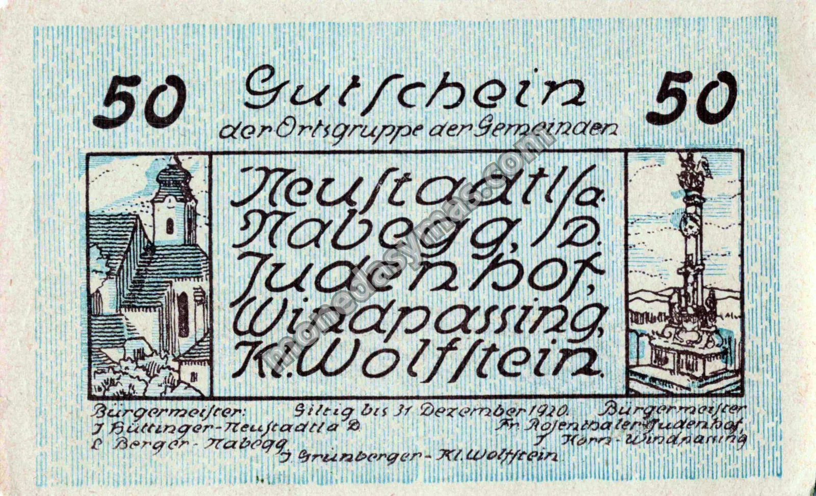 Austria Notgeld 50 Heller 1920 - Neustadtl a. d. D. (Azul)