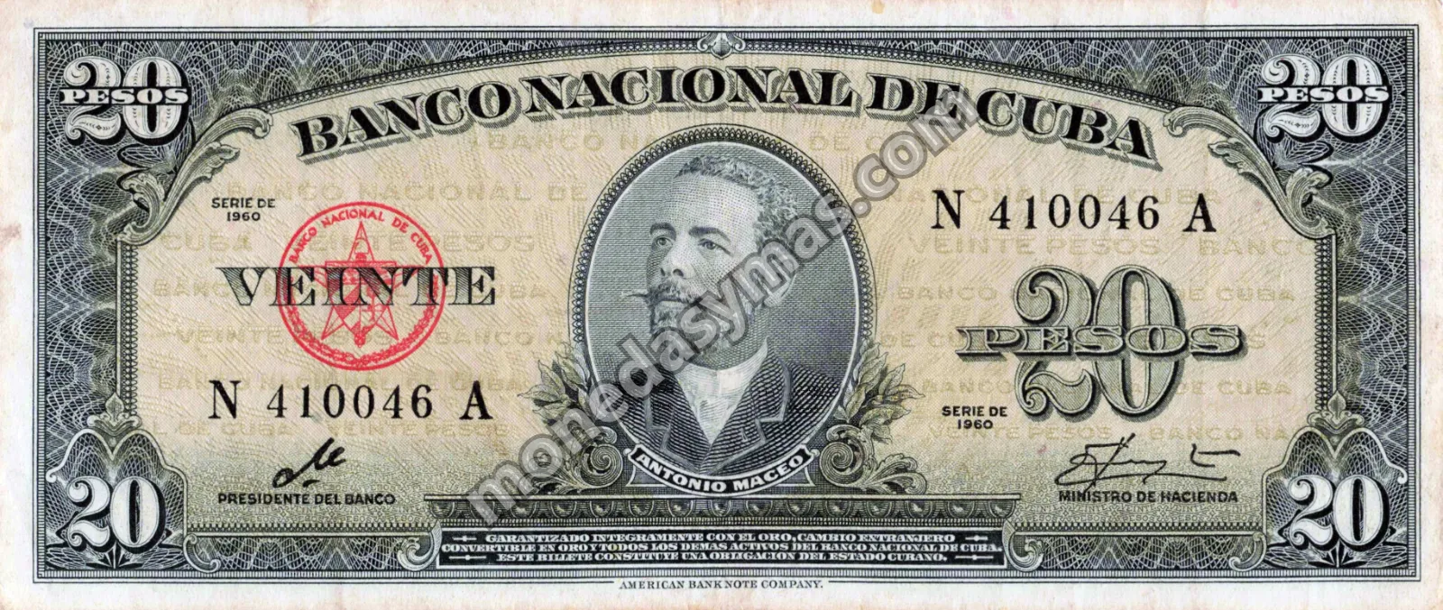 Cuba Billete 20 Pesos 1960 - Antonio Maceo